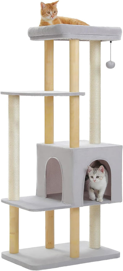 PAWZ Road Large Cat Tree, 53 Inches Modern Wooden Cat Tower for Indoor Cats, Multi-Level Cat Condos