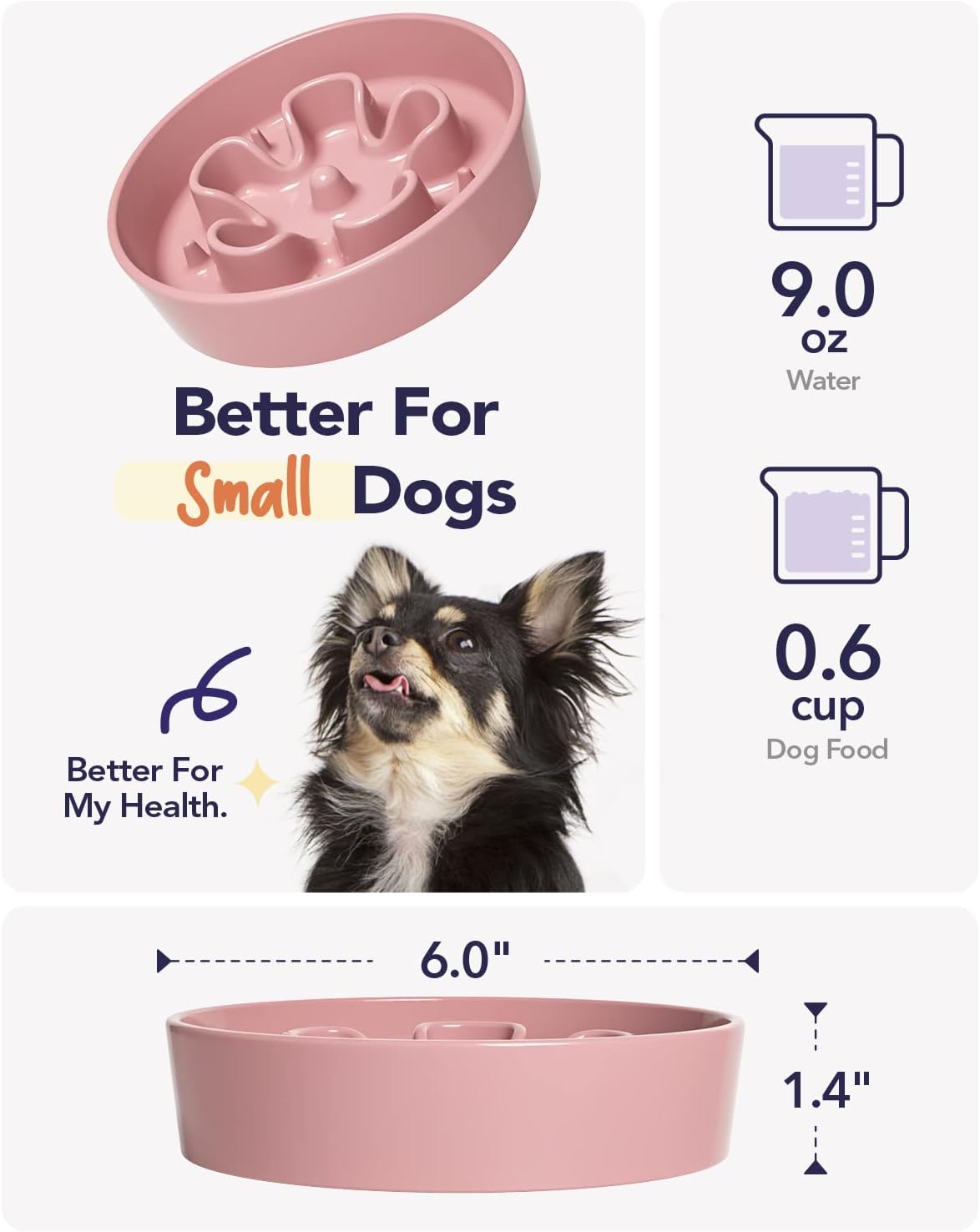 LE TAUCI Ceramic Slow Feeder Dog Bowls Small Breed, 0.6 Cups Dog Food Dish for Fast Eaters, Puzzle
