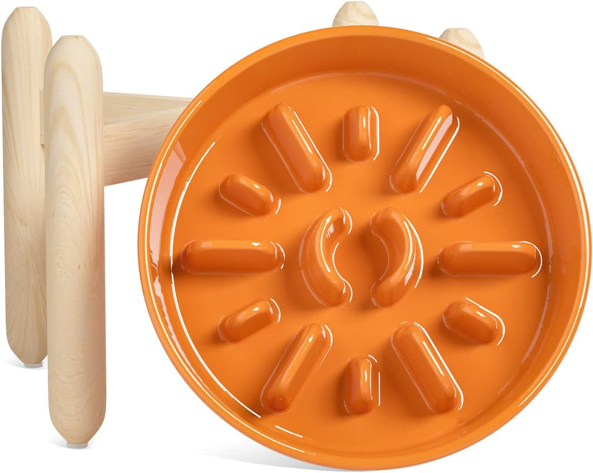 LE TAUCI Ceramic Slow Feeder Puzzle Bowl Elevated 3 Cup with Wooden Stand for Medium Large Dog