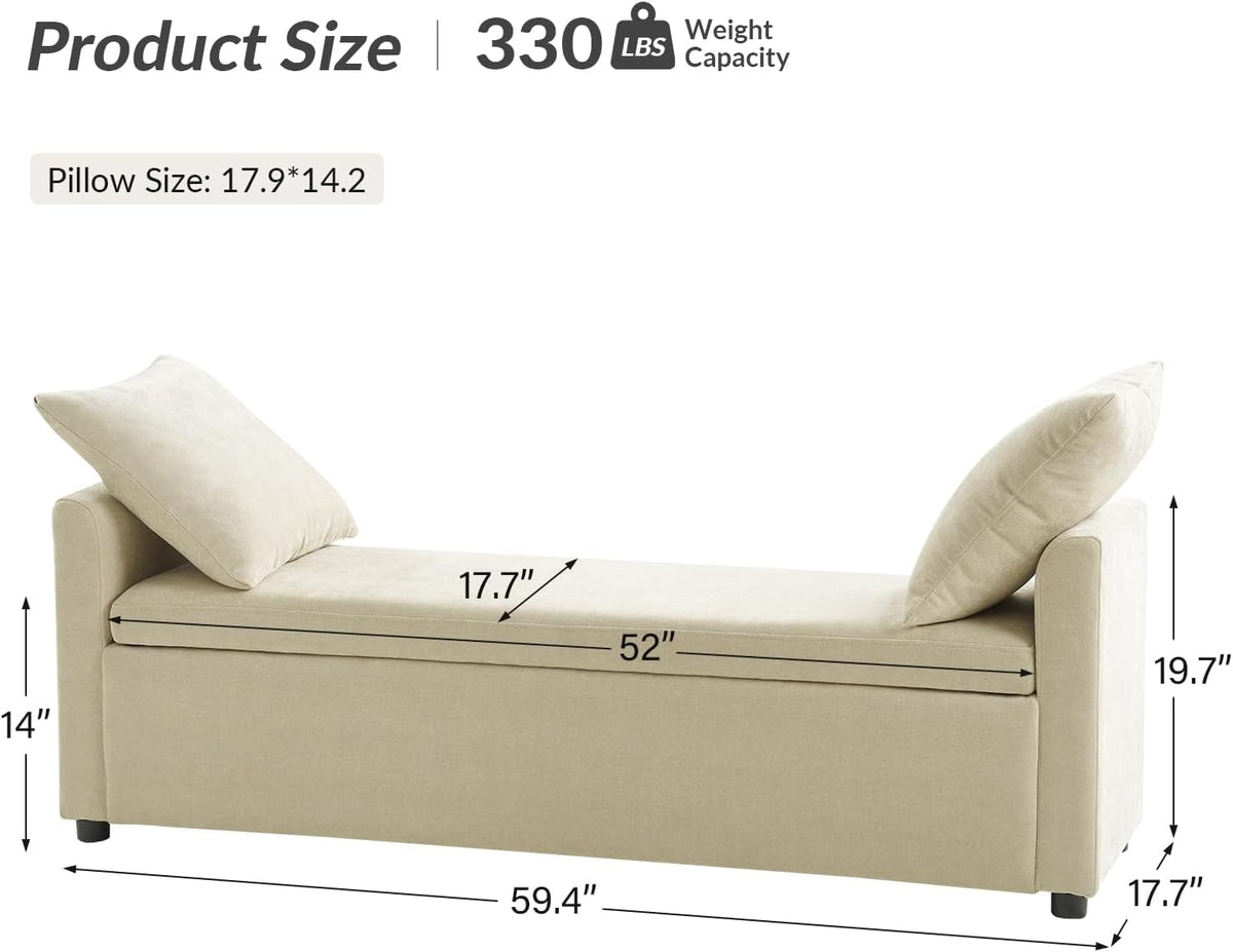 HULALA HOME Modern Storage Bench with Throw Pillows, 59.4" Extra Long Bedroom Ottoman Bench for End