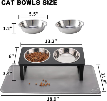 Upgraded Elevated Cat Bowls with Food Mat,15°Tilted Stand Anti Vomiting Raised Cat Dishes for Food