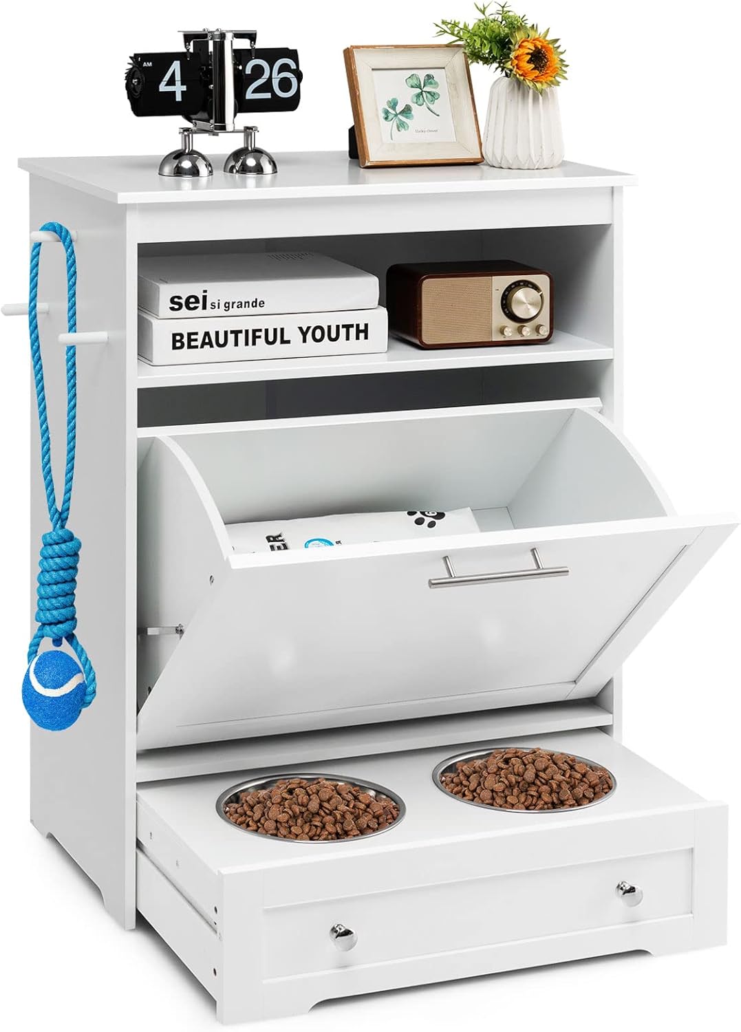 Tangkula Pet Feeder Station, Dog Food Storage Container with Double Pull Out Dog Bowls, Pet Food