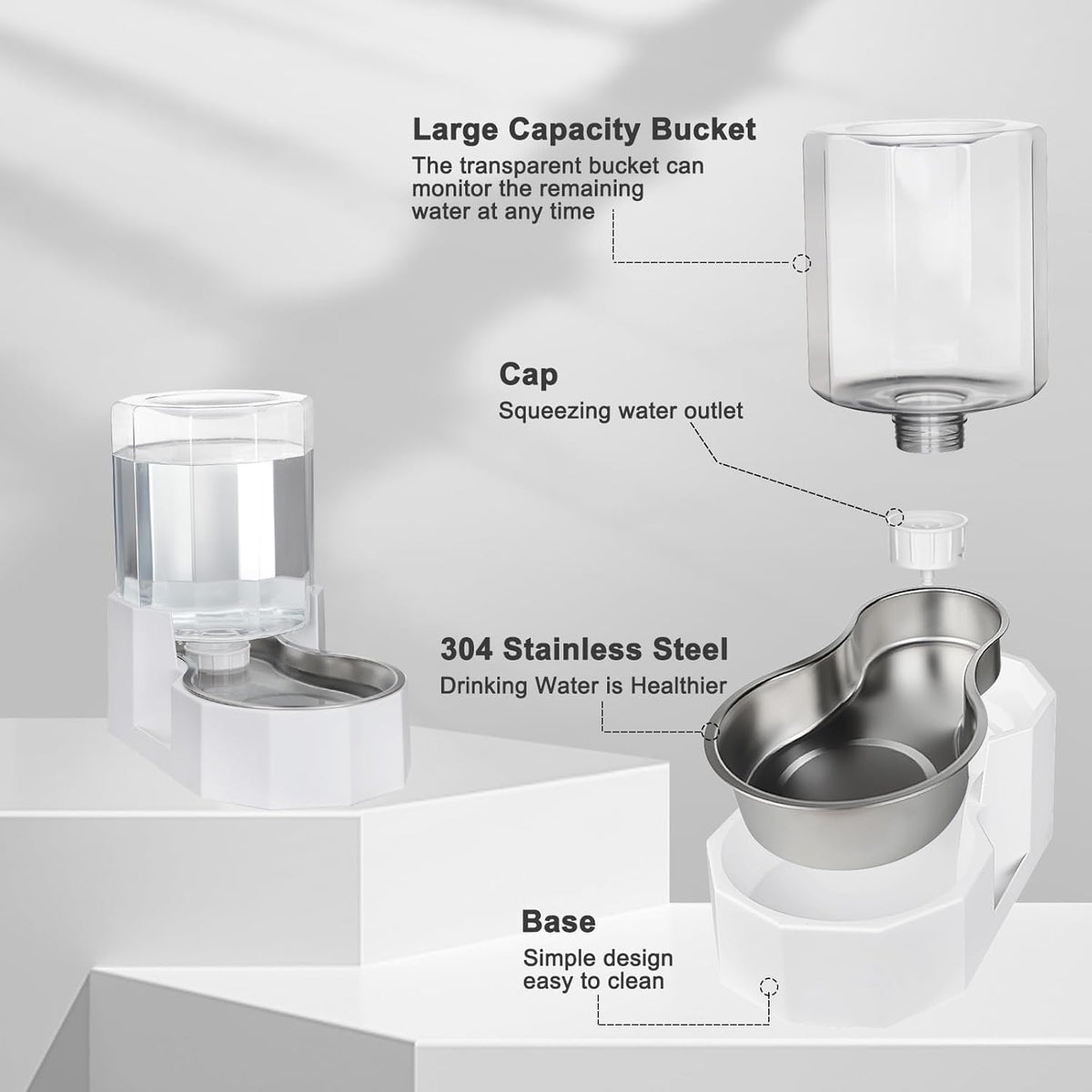 Sfozstra Gravity Water Bowl Dispenser : Automatic 4L White Cat Stainless Steel Feeder Without