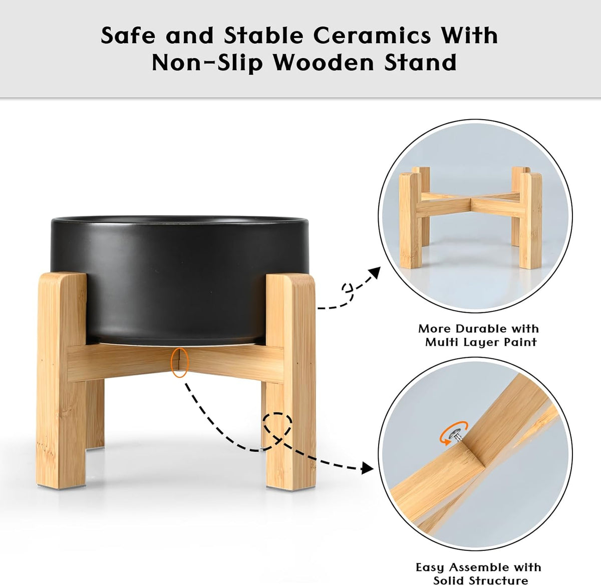 SPUNKYJUNKY Ceramic Elevated Dog Bowls 2 Pack - 5.1inch Raised Dog Bowls with Non-Slip Wooden Stand