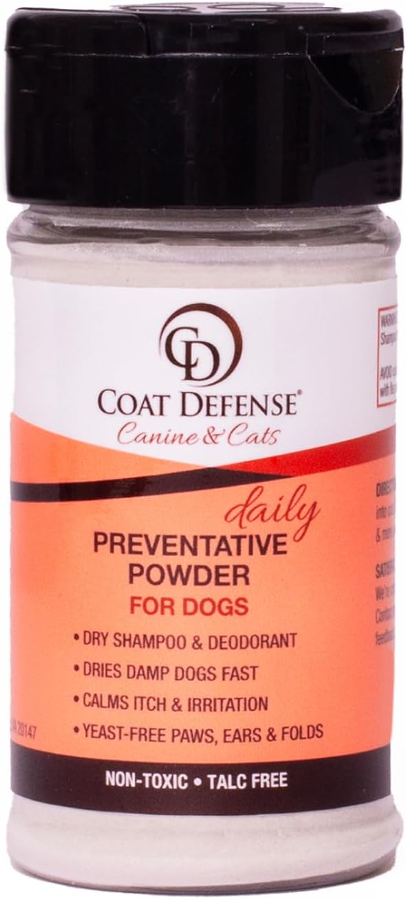 COAT DEFENSE Preventative Powder | Made in USA | 3.5oz Waterless Dog Shampoo & Pet Deodorizer for