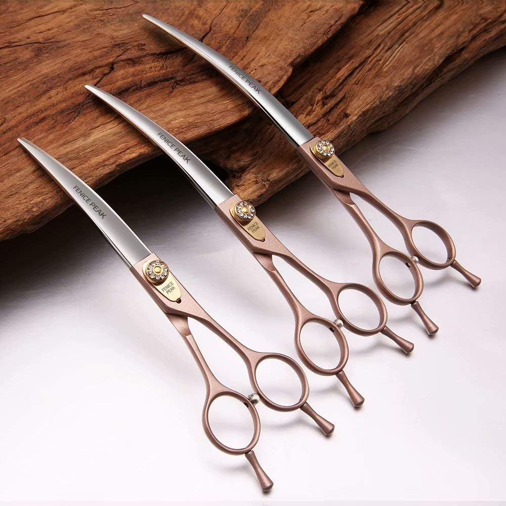 Fenice Peak Professional Curved Dog Grooming Scissors 7'' Rose Gold 440C Stainless Steel Pet