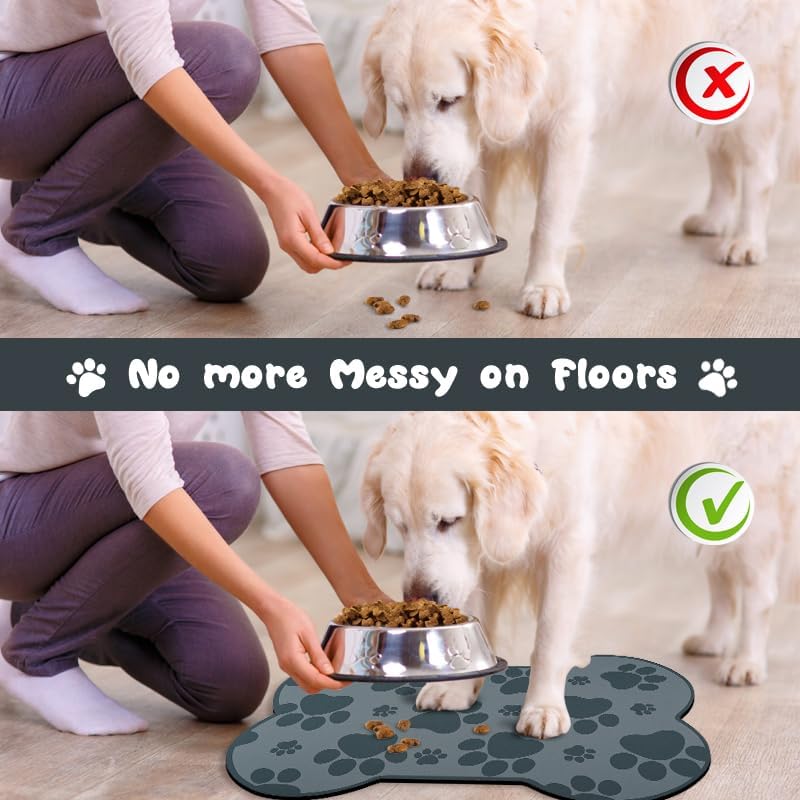 Dog Food Mats for Floors Waterproof, Pet Feeding Absorbent Water Bowl Mat Cat Placemats Gray Bone
