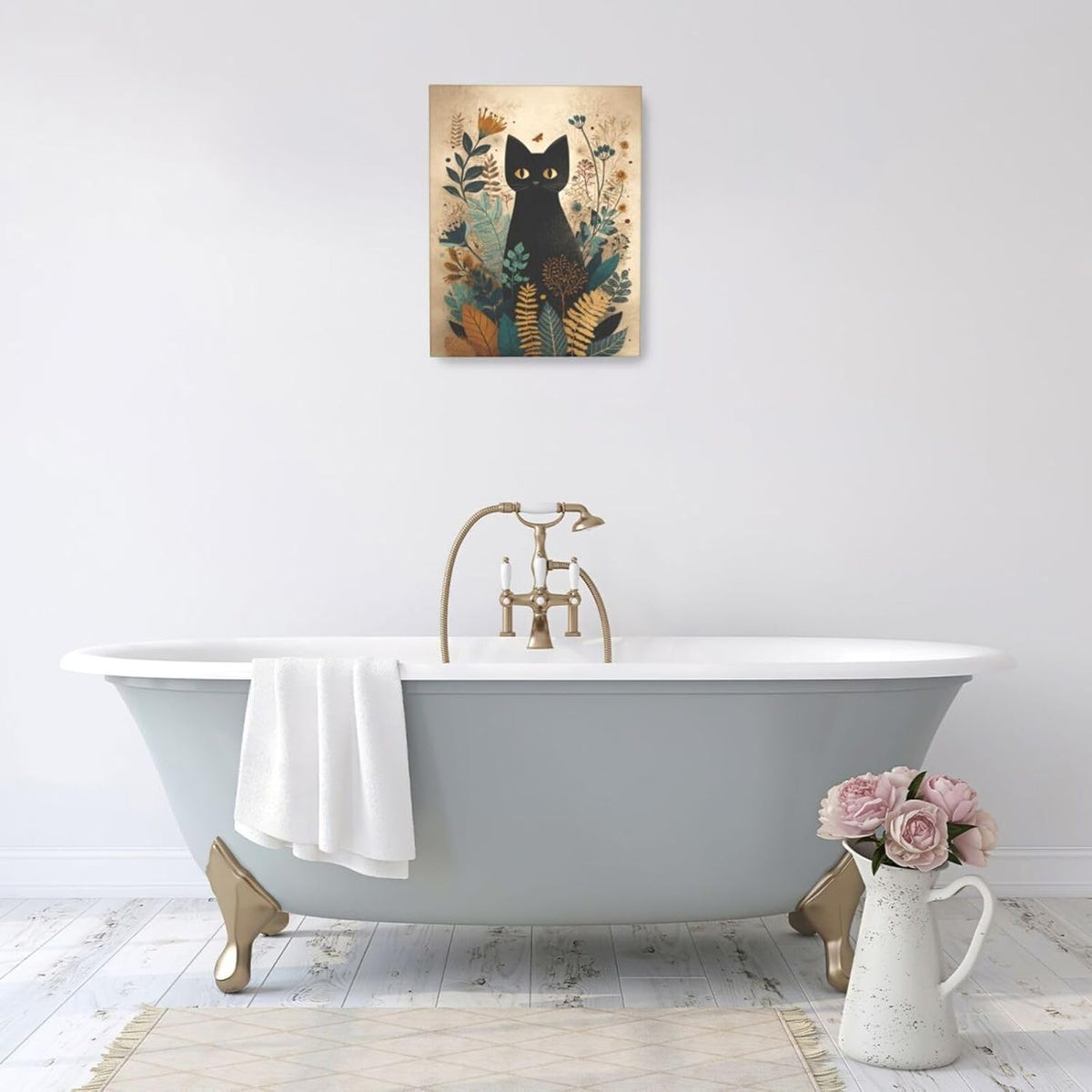 Boho Black Cat Wall Art Kitten Botanical Wall Decor Mid Century Modern Canvas Painting Print