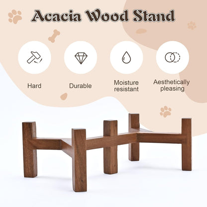 SPUNKYJUNKY Acacia Wood Stand Dog Bowl Set Raised, Ceramic Dog Food & Water Bowl for Medium Dogs
