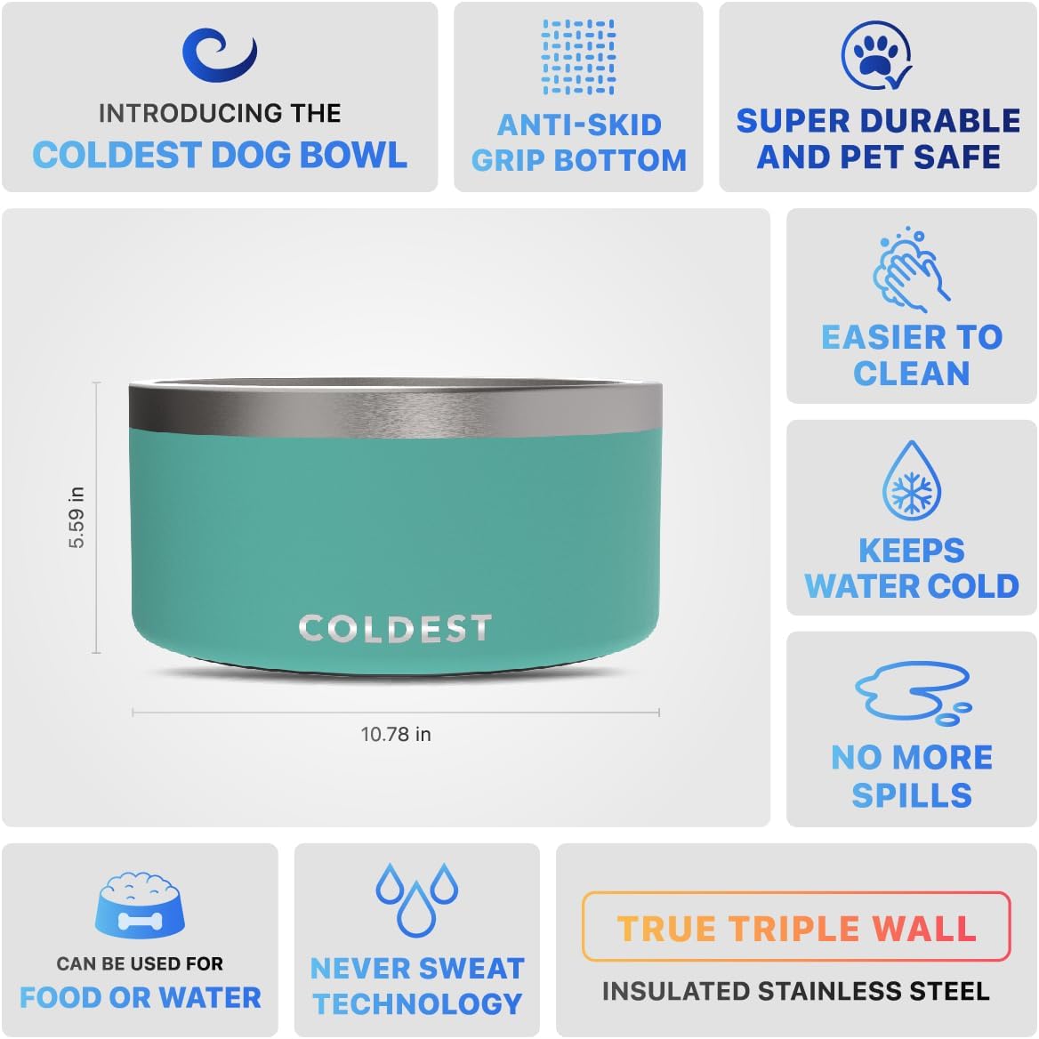 Coldest Dog Bowl - Anti Rust Metal, Non Slip, 3 Layers Insulated Stainless Steel Dog Bowls - Spill