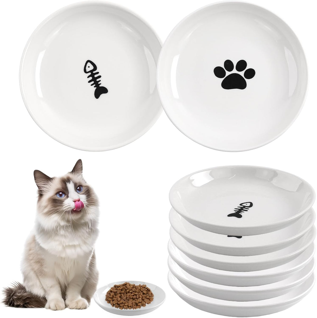 6 Pack Cat Food Bowl, Ceramic Cat Bowls, Anti Whisker Fatigue Cats Bowl Set,5.5 Inches Shallow Wide