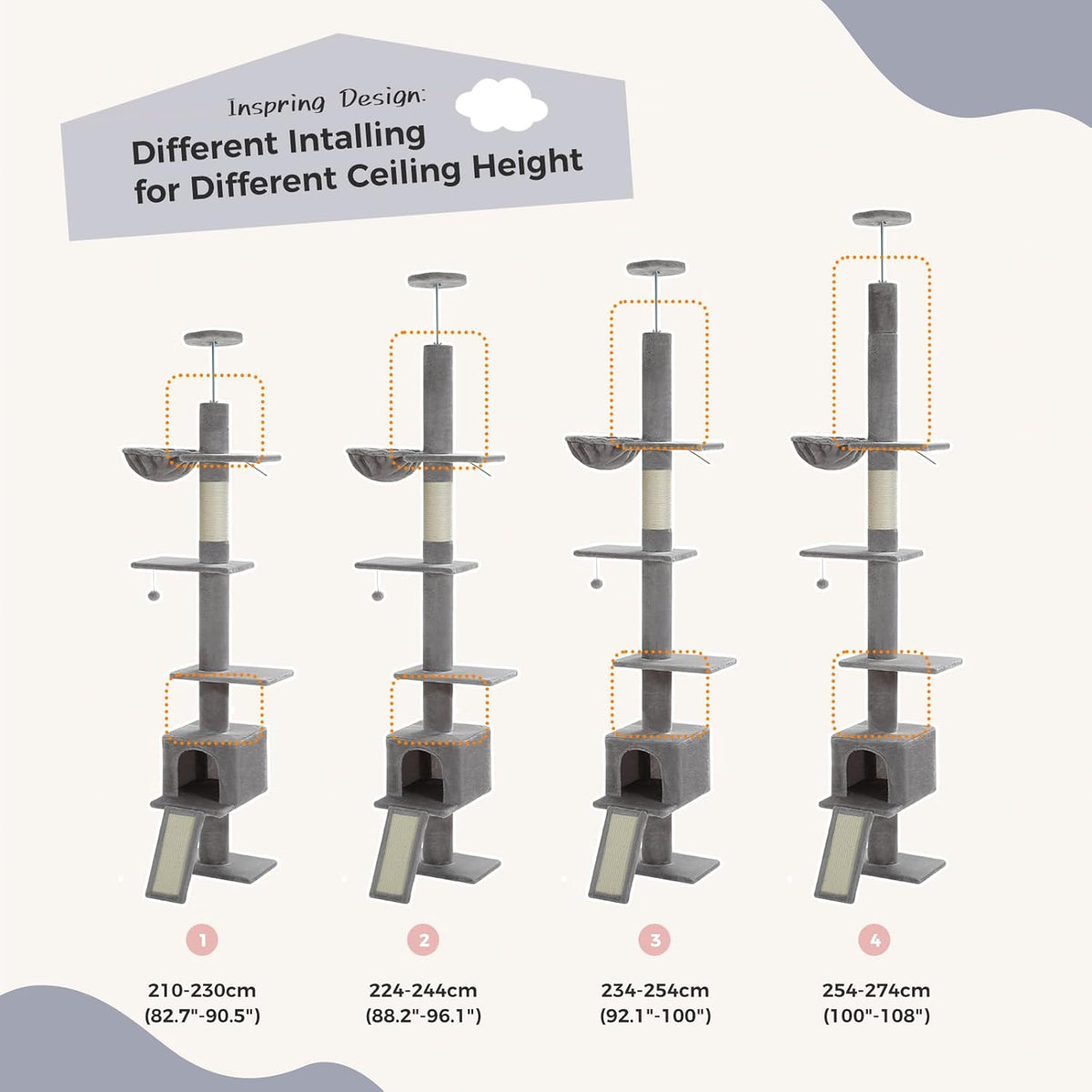 PEQULTI Floor to Ceiling Cat Tree, Tall Cat Tower, Adjustable Height (83''-108'') 5 Levels Climbing