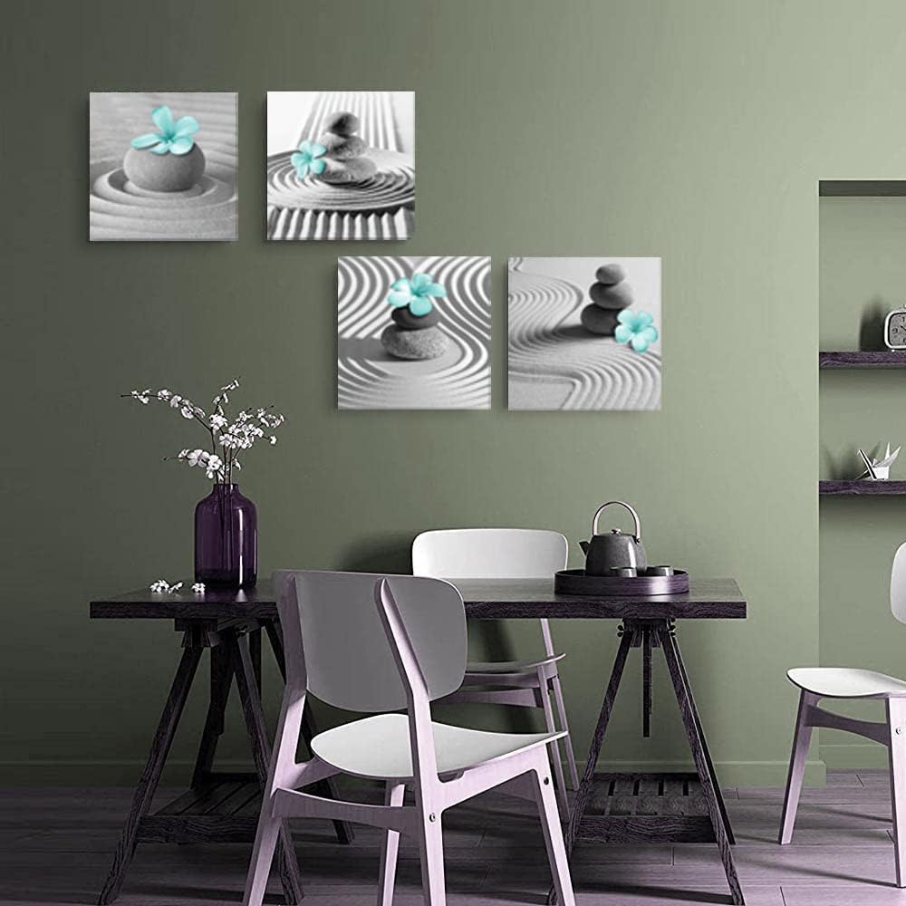 Yxbhhym Gray Wall Art Zen Wall Art Teal Floral Paintings Black and White Decor Zen Stone Sand