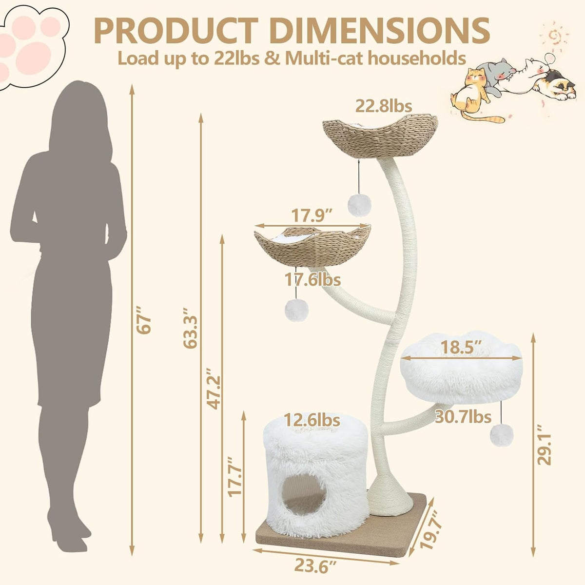63” Tall Cat Tree Tower for Indoor Cats, Multi-Level Large Cat Climbing Furniture with Scratching