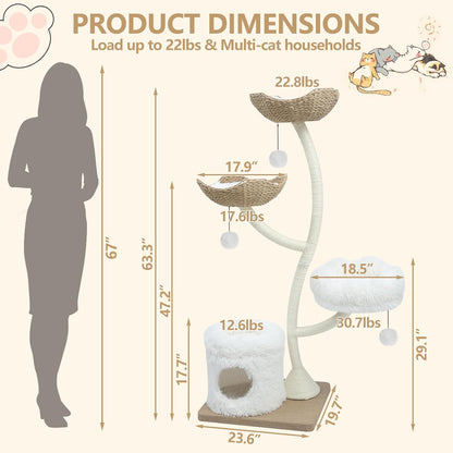 63” Tall Cat Tree Tower for Indoor Cats, Multi-Level Large Cat Climbing Furniture with Scratching
