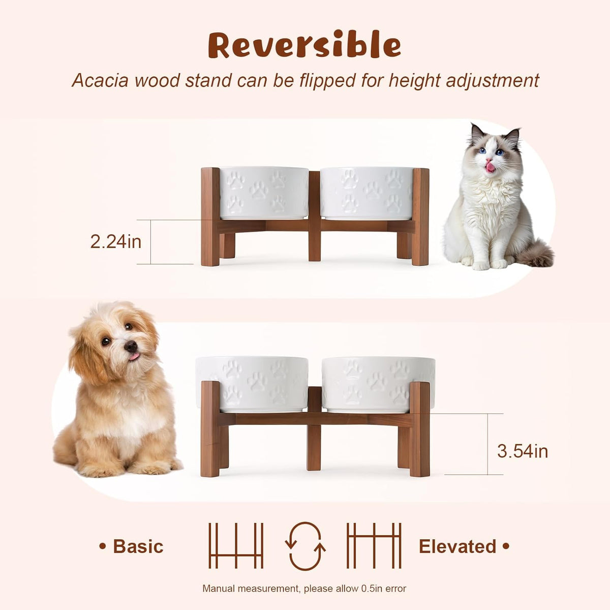 SPUNKYJUNKY Ceramic Elevated Dog Bowl Set with Acacia Wood Stand for Food and Water for Small
