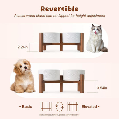 SPUNKYJUNKY Ceramic Elevated Dog Bowl Set with Acacia Wood Stand for Food and Water for Small