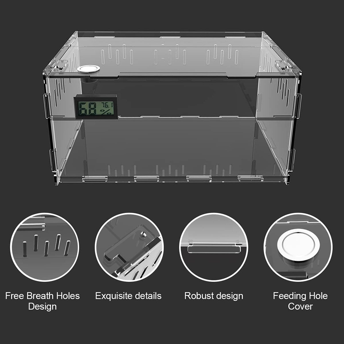BETAZOOER Reptile Terrarium Breeding Tank Acrylic Reptile Feeding Box with Temperature Hygrometer