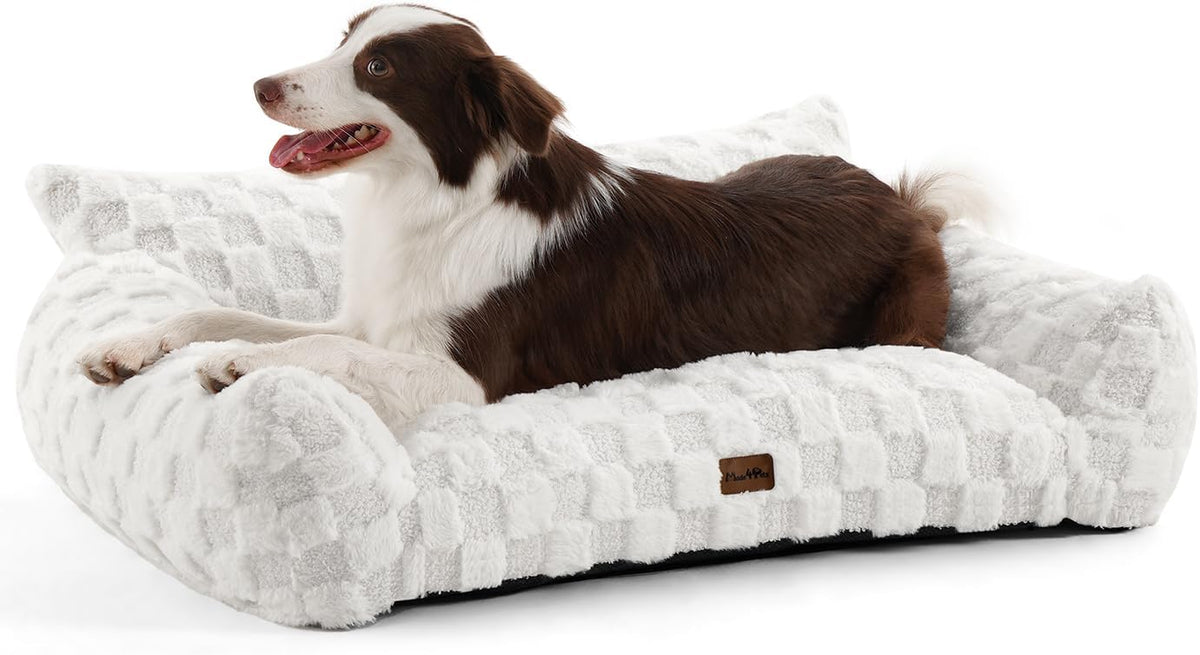 Made4Pets Dog Couch Bed, Soft Faux Fur Checkered Pet Sofa, Comfortable Fluffy Dog Sofa with