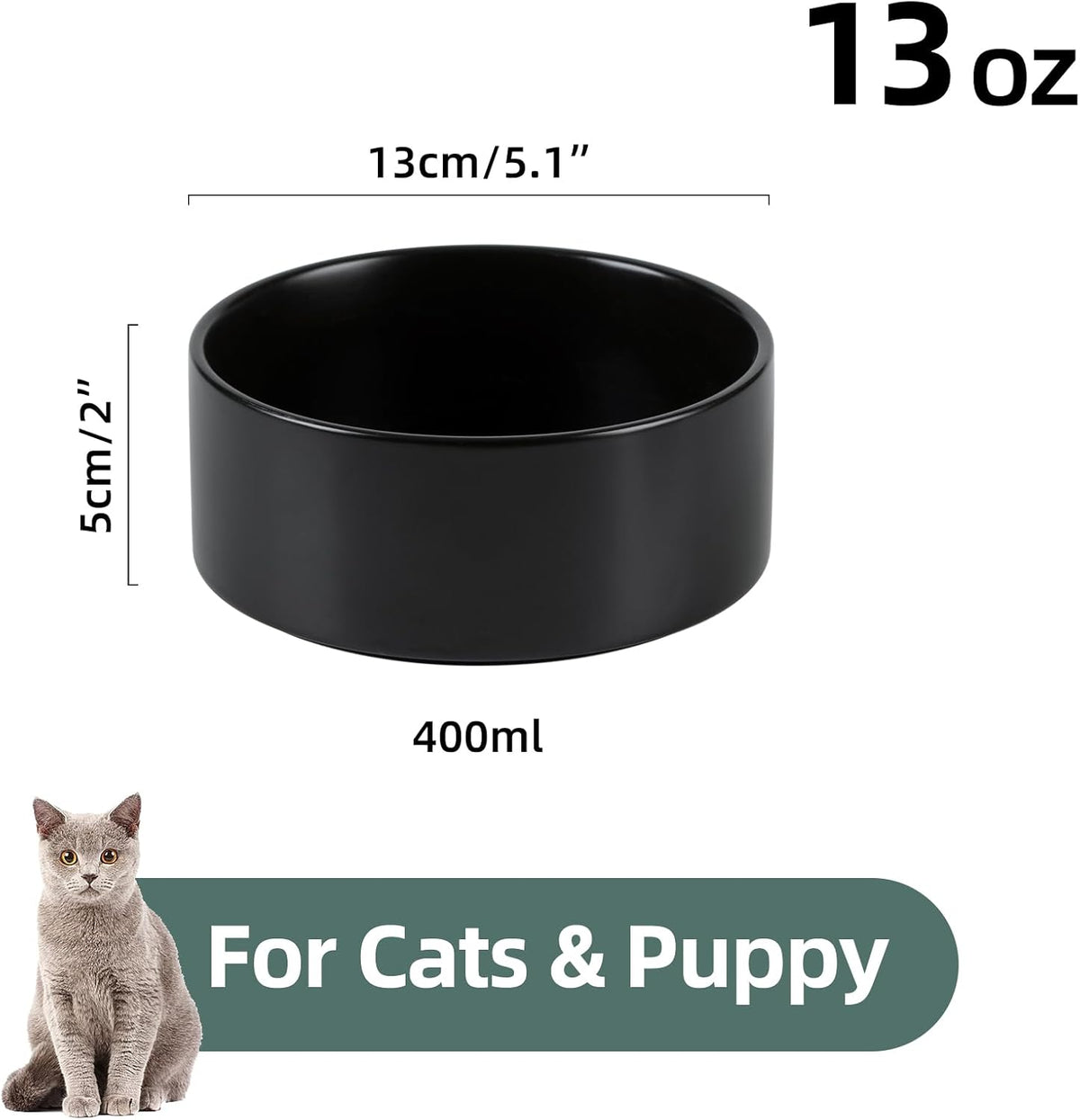 Ceramic 5.1inch Set of 2 Dog and Cat Bowls, Food and Water Feeder for Small Breed Dogs, Kitty