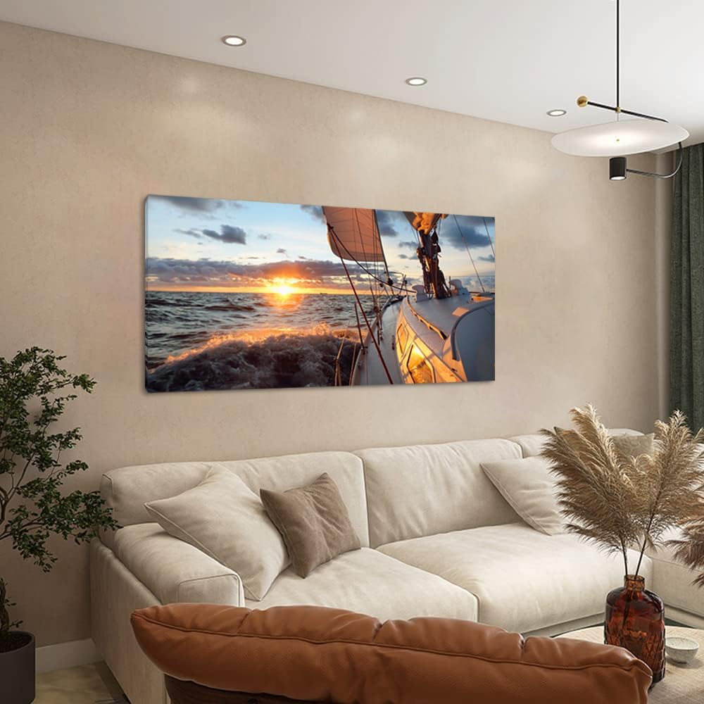 Yacht Sailing in Sea at Sunset Scenery Canvas Wall Art for Living Room Bathroom,Close-up View of