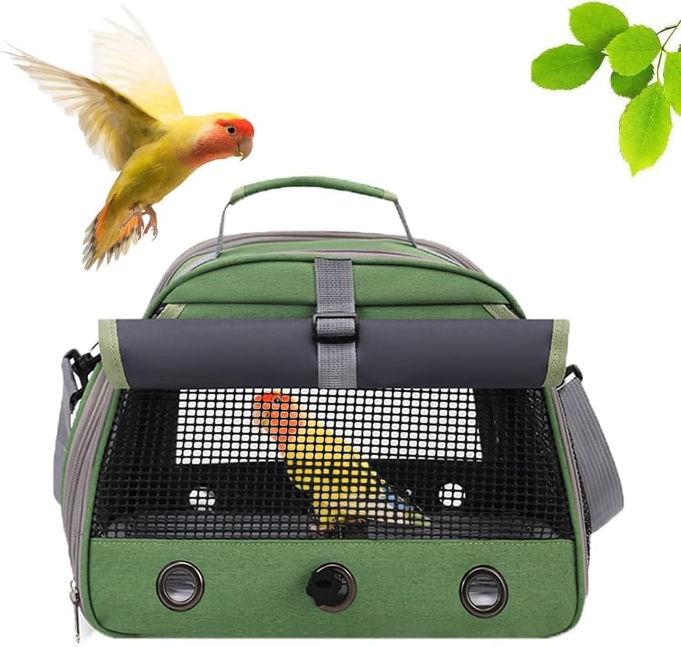 Bird Travel Carrier, Portable Small Bird Parrot Parakeet Carrier with Standing Perch and Tray, Side