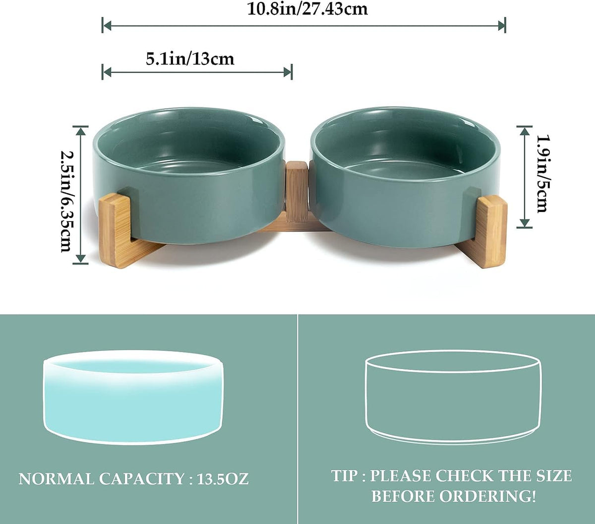 SPUNKYJUNKY Ceramic Dog and Cat Bowl Set with Wooden Stand, Modern Cute Weighted Food Water Set for
