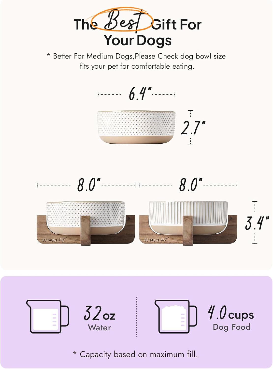 Ceramic Dog Bowls for Medium Small Dogs - 4 Cup Medium Dog Food and Water Bowls with Wood Stand
