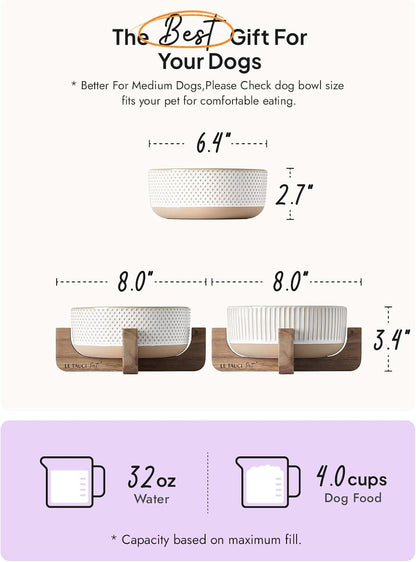 Ceramic Dog Bowls for Medium Small Dogs - 4 Cup Medium Dog Food and Water Bowls with Wood Stand