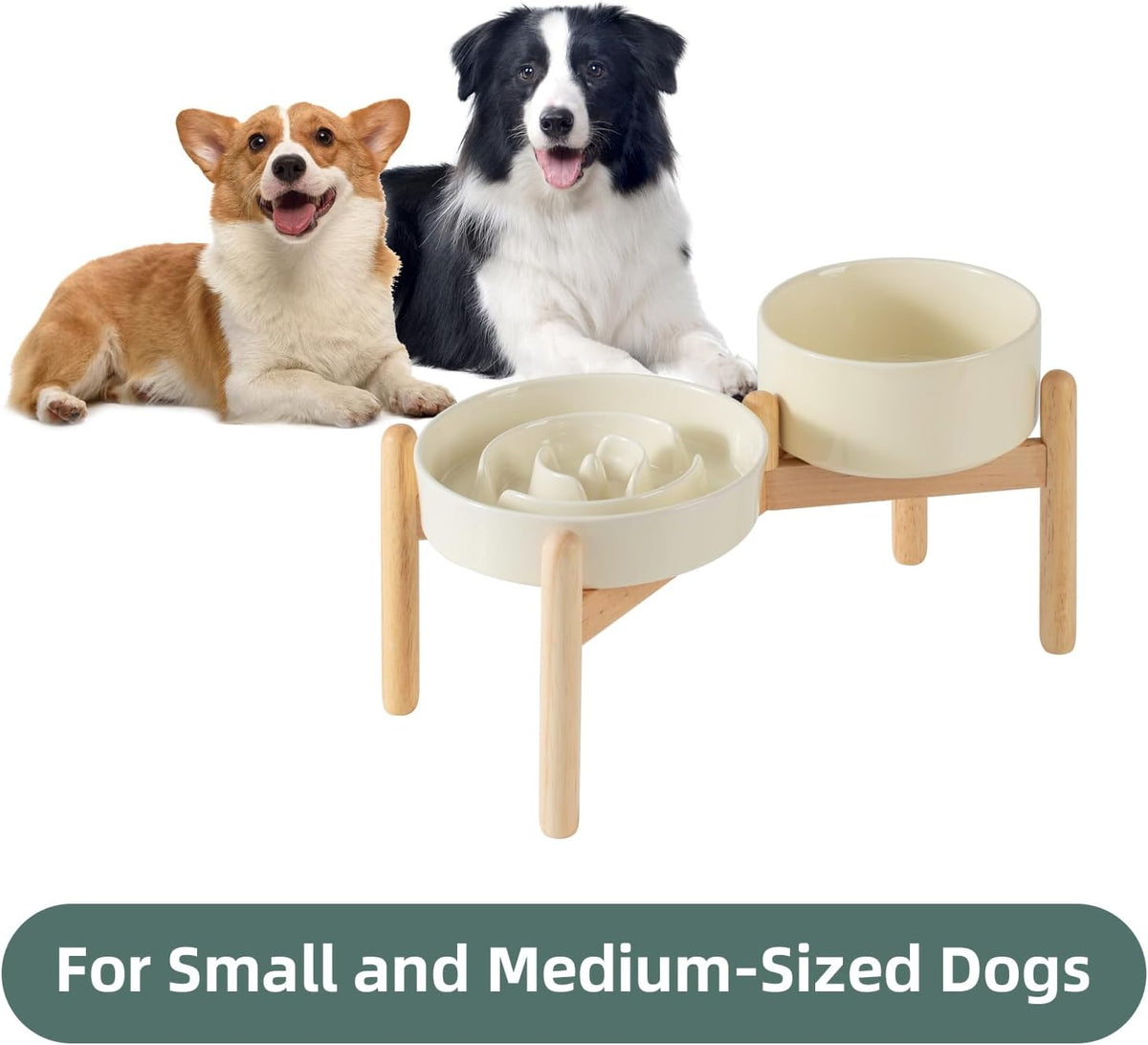 Ceramic Raised Slow Feeder Dog Bowl Set, Elevated 6.1inch Bowl and 7.3inch Puzzle Slow Food Dish