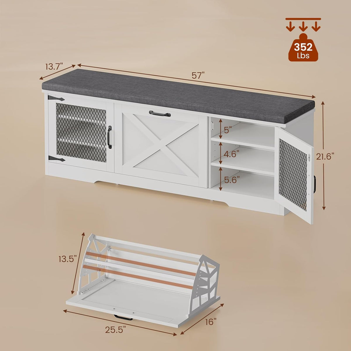 Farmhouse Storage Bench with Flip Drawers & Padded Seat Cushion, Half Hidden Shoe Rack Organizer