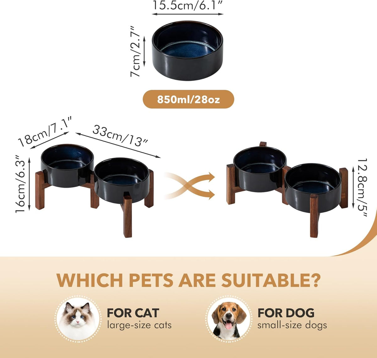 Ceramic 6.1inch Raised Double Dog Bowls Set with Acacia Wood Stand, 2 Heights Elevated, Food &