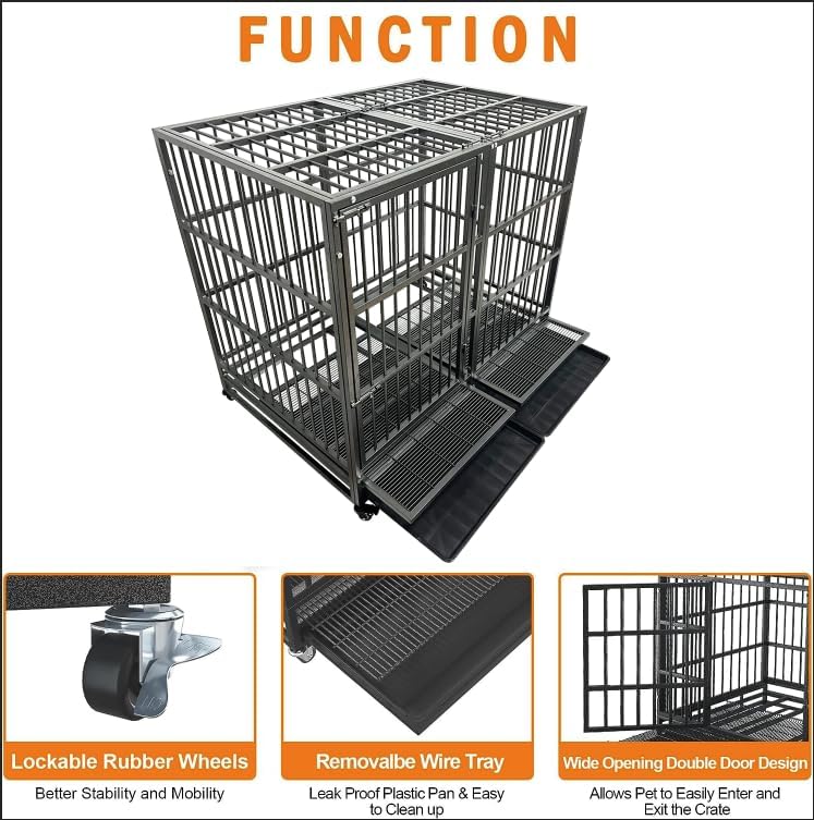 54/48/42/38 Inch Heavy Duty Dog Crate Cage with Wheels, Indestructible and Escape Proof Steel