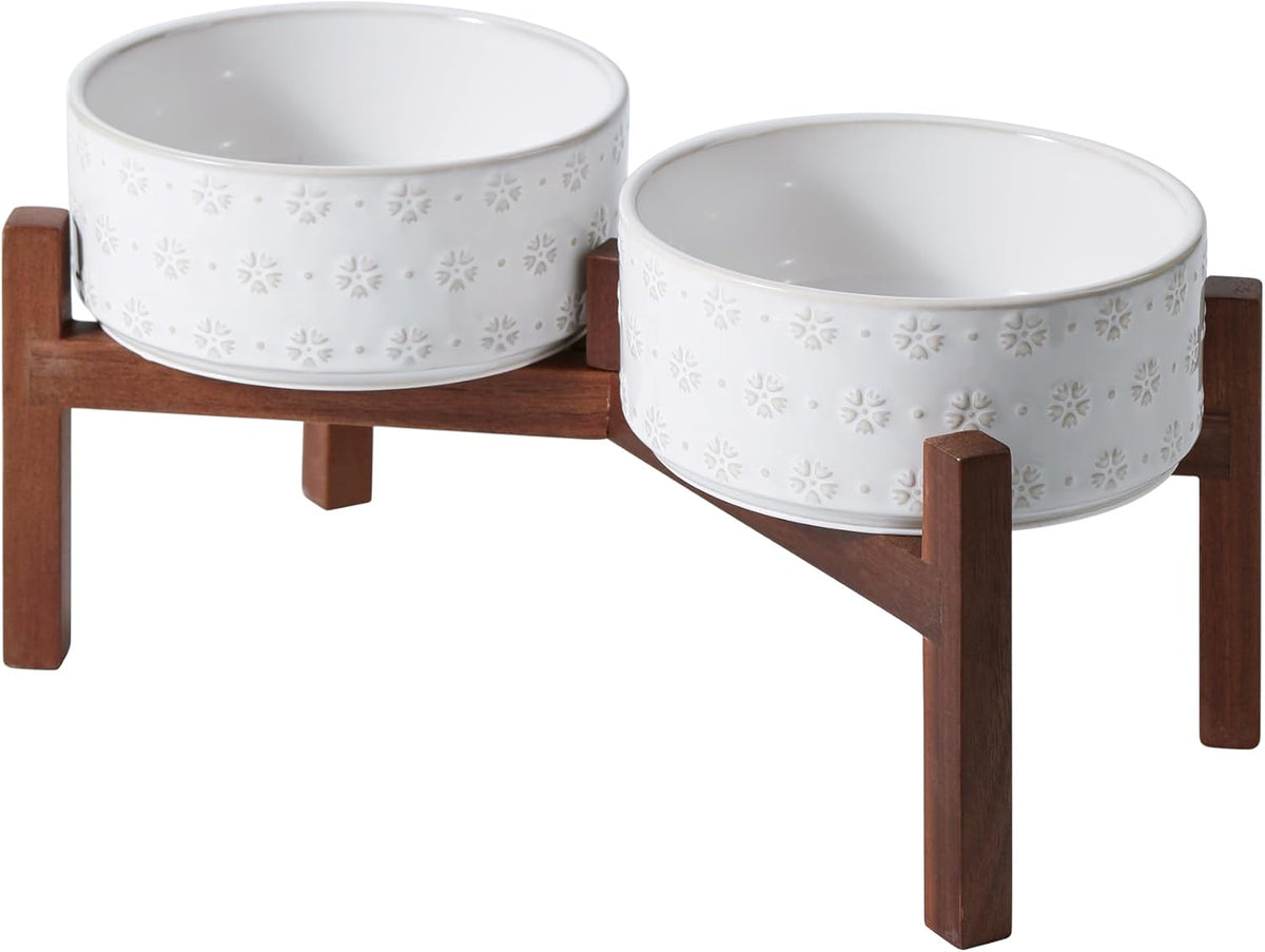 7.3inch Ceramic Raised Double Bowls Set with Acacia Wood Stand, Food & Water Bowls for Medium Breed
