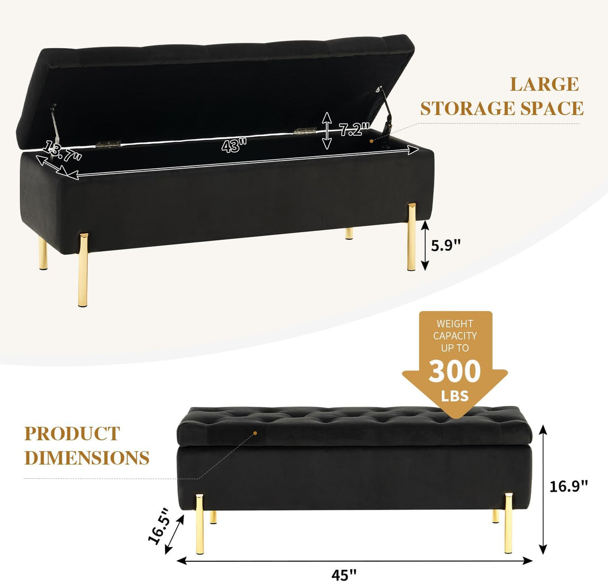 Velvet Storage Bench Ottoman,Versatile Seating with Hidden Storage,End of Bed Bench,Tufted Bench