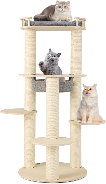 Tangkula Wood Cat Tree, 59 Inch Multi-Level Cat Tower with Top Padded Perch, Hammock, 3 Platforms &