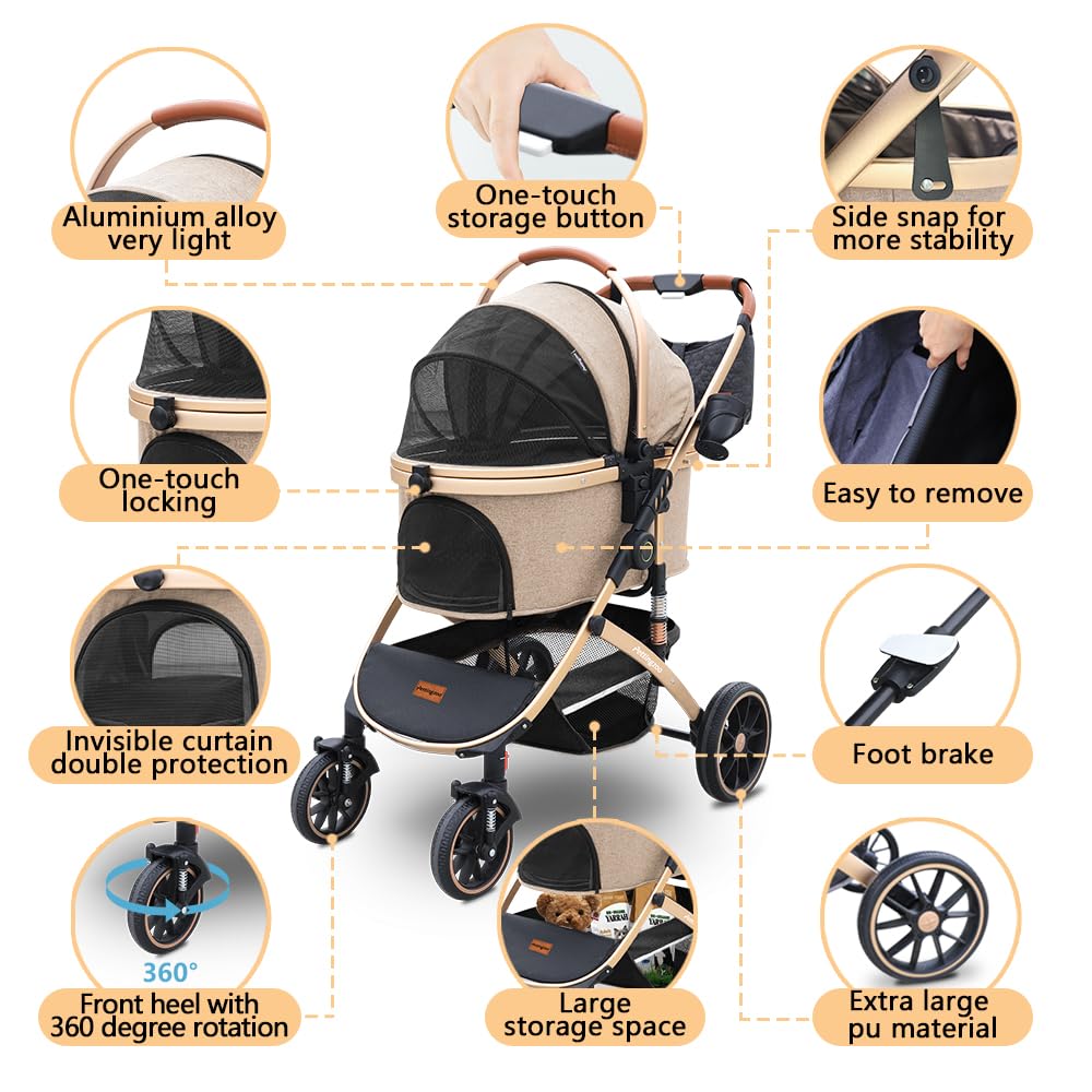 Pettingzoo Dog stroller with 4 Wheels, Folding Cat Stroller for Small/Medium/Large dogs & cats to