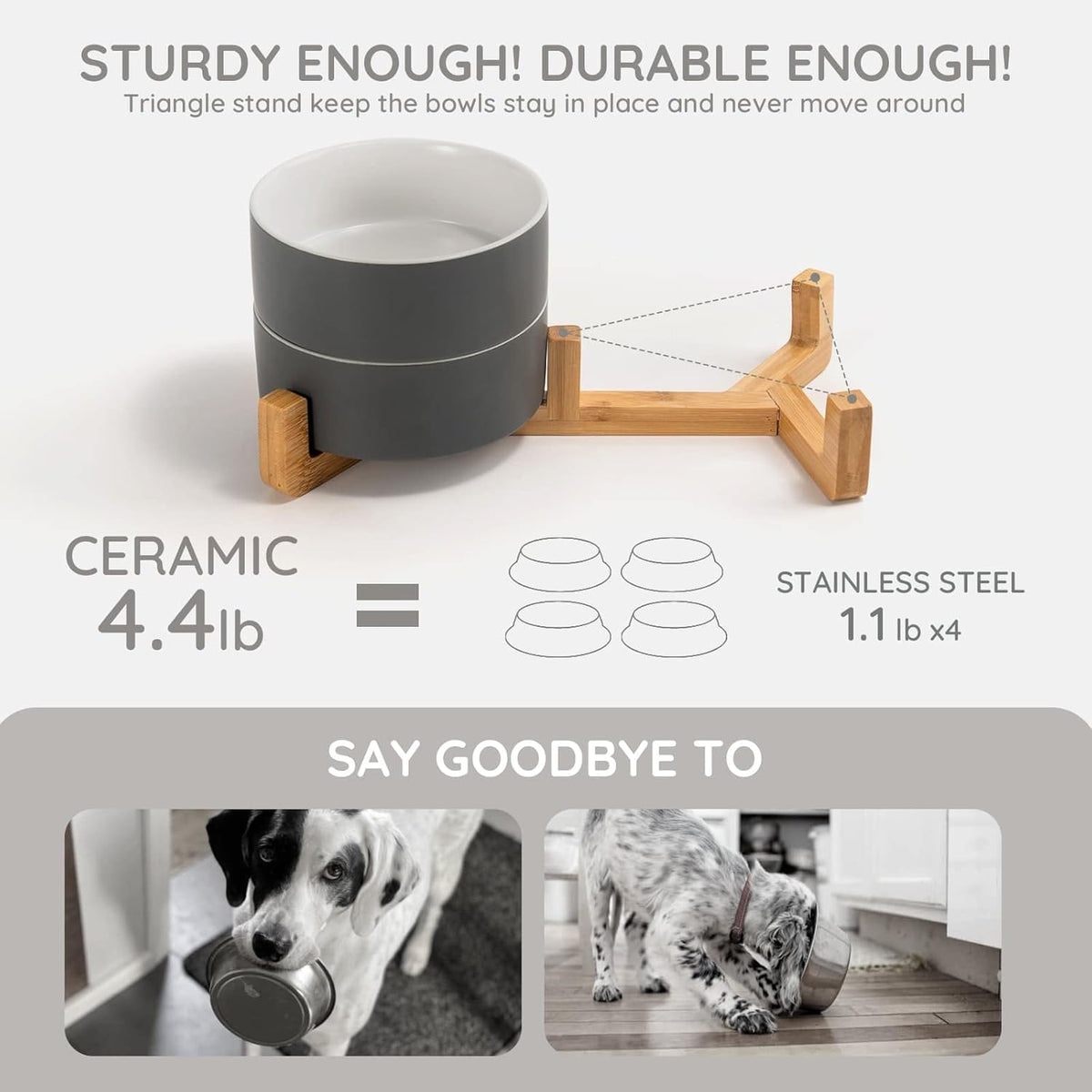 SPUNKYJUNKY Ceramic Dog and Cat Bowl Set with Wooden Stand, Modern Cute Weighted Food Water Set for