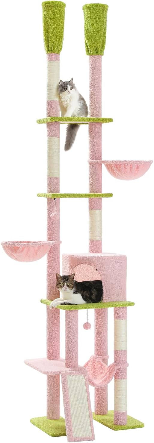 PAWZ Road Pink Cat Tree, Floor to Ceiling Cat Tower with Adjustable Height(85-112 Inches), 7 Tiers