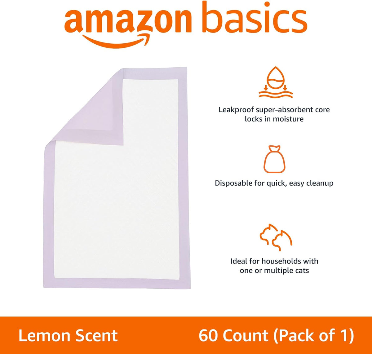 Amazon Basics Cat Pee Pads, 60 Count, Universal Fit for Litter Box, Odor Control with Lemon Scent