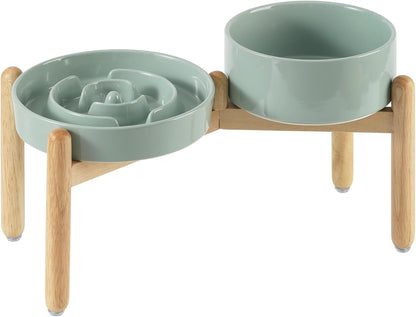 Ceramic Raised Slow Feeder Dog Bowl Set, Elevated 7.3inch Bowl and 8.2inch Puzzle Slow Dish with