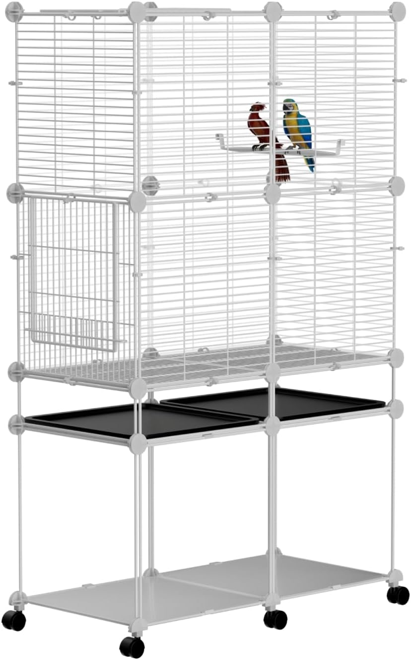 Standing Large Bird Cage, Parakeet Cage with Detachable Stand & Wheels, Wide Flight Birdcage for