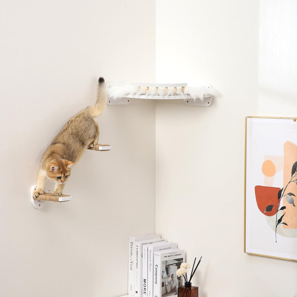 3-in-1 Cat Climbing Wall Steps with Hemp Rope, Shelves and Perches - Wall-Mounted Cat Furniture Set