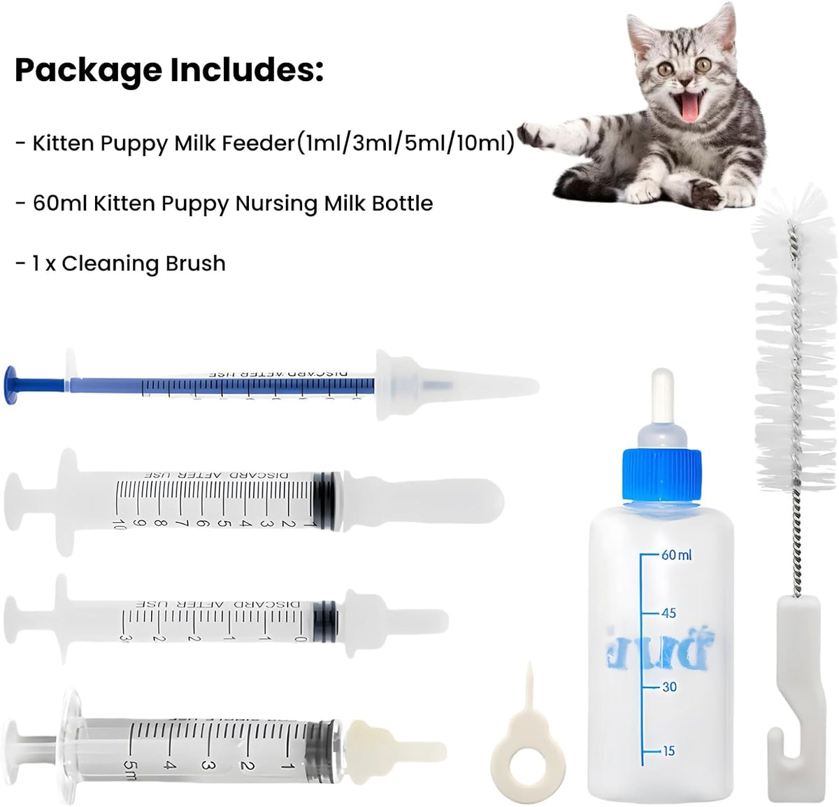 Kitten Bottle Feeding Kit 1ml 3ml 5ml 10ml 60ml - Kitten Puppy Milk Replacement Small Animals