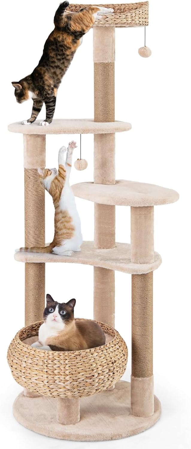 PETSITE 65 inch Cattail Cat Tree Tower, Multi-Level Cat Tower with Natural Jute Scratching Posts