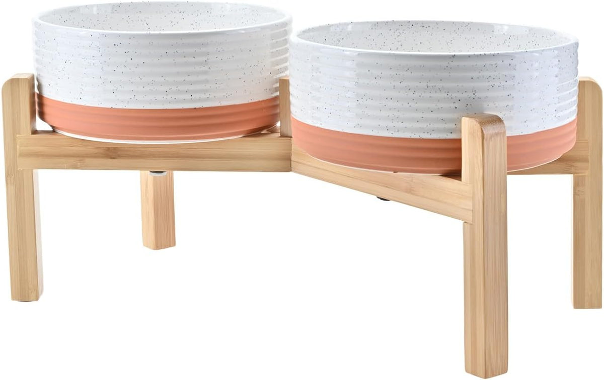 SPUNKYJUNKY Elevated Dog Bowls Ceramic, 7.3'' Dogs Food Water Bowls Raised with Non-Slip Bamboo