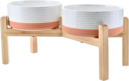 SPUNKYJUNKY Elevated Dog Bowls Ceramic, 7.3'' Dogs Food Water Bowls Raised with Non-Slip Bamboo