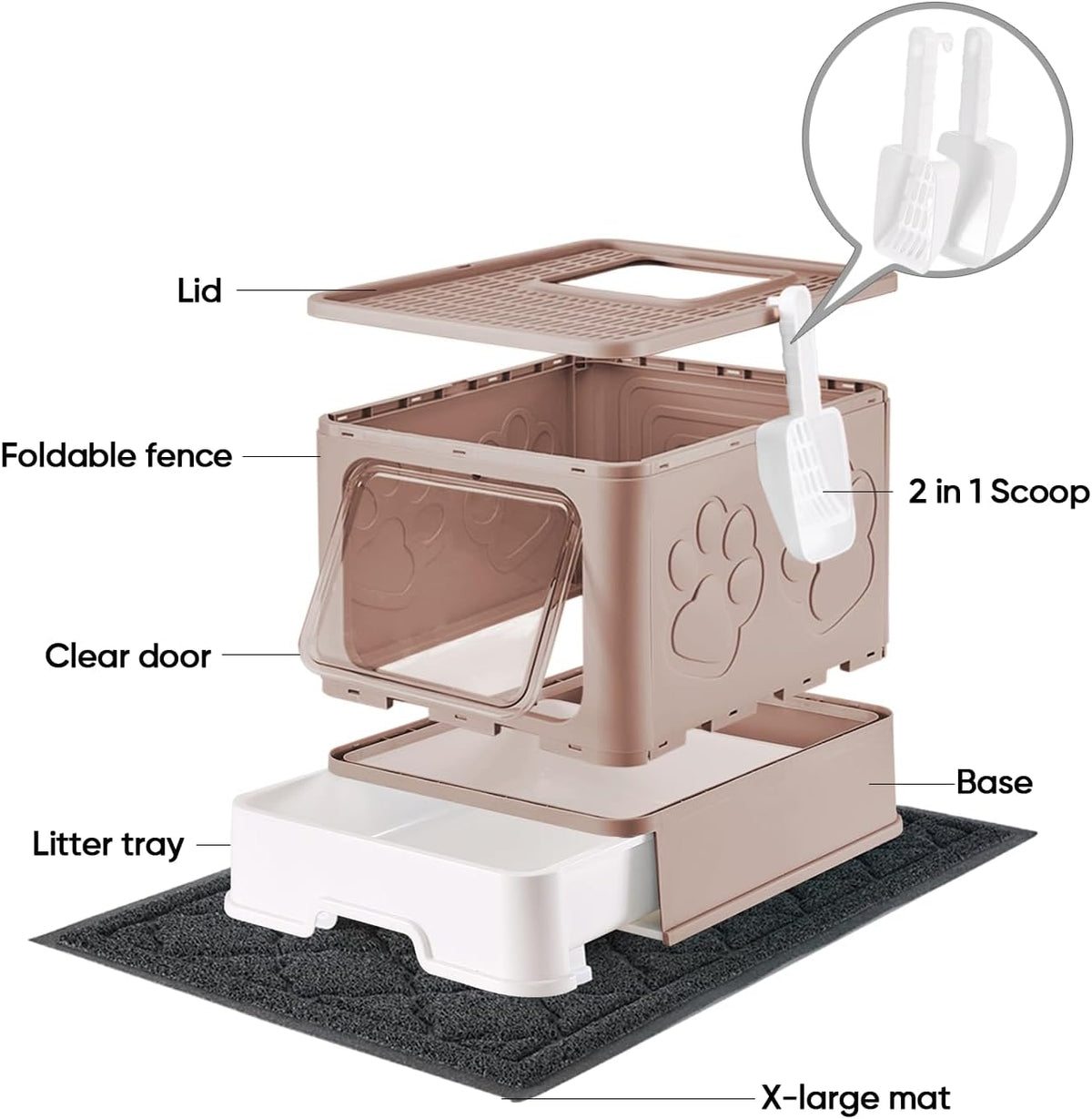Cat Litter Box with X-Large Litter Mat and Scoop, Large Foldable Litter Box with Lid, Enclosed