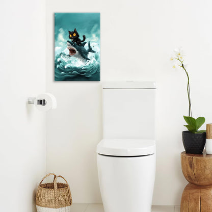 Funny Black Cat Bathroom Wall Art Cute Cat Riding Shark Canvas Wall Decor Animal Kitten Pictures