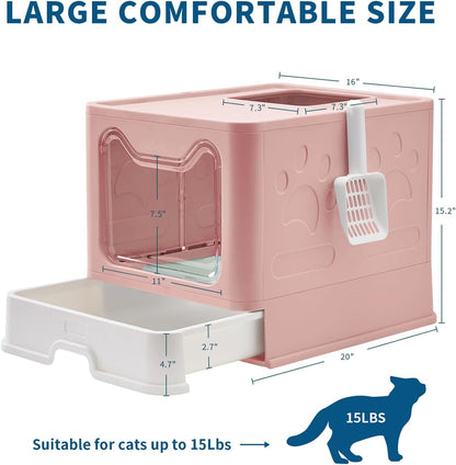 Cat Litter Box with Litter Mat and Scoop, Large Foldable Litter Box with Lid, Front Entry Top Exit